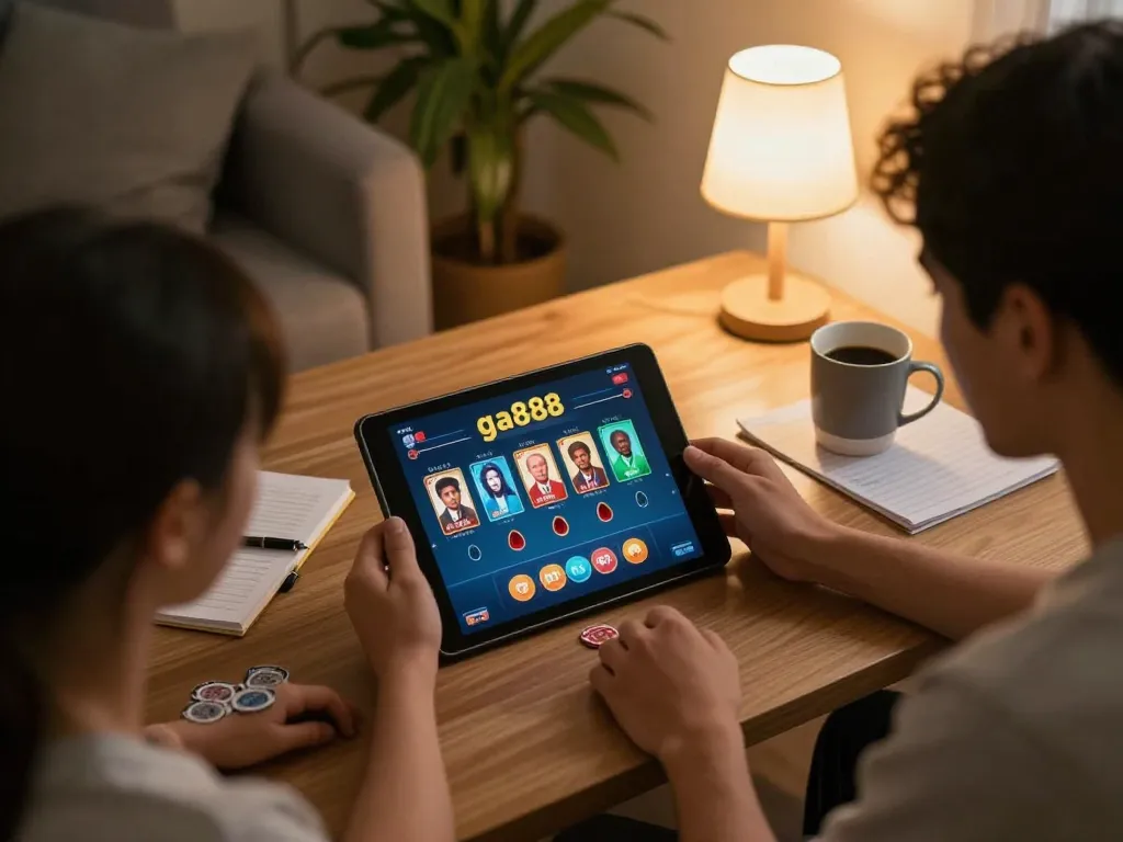 Players enjoy poker on the ga8888 platform during a cozy home gaming session.