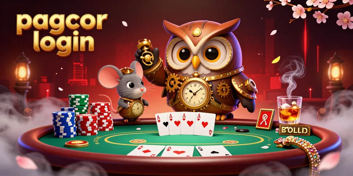 PAGCOR login scene showcasing a vibrant gaming environment with a time-traveler owl, poker elements, and rich casino graphics.