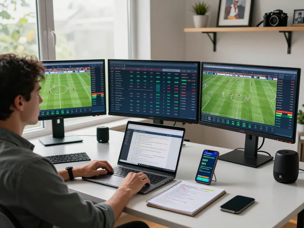 Tỷ lệ kèo trực tuyến displayed on multiple screens in a modern home office setting, highlighting the excitement of sports betting.