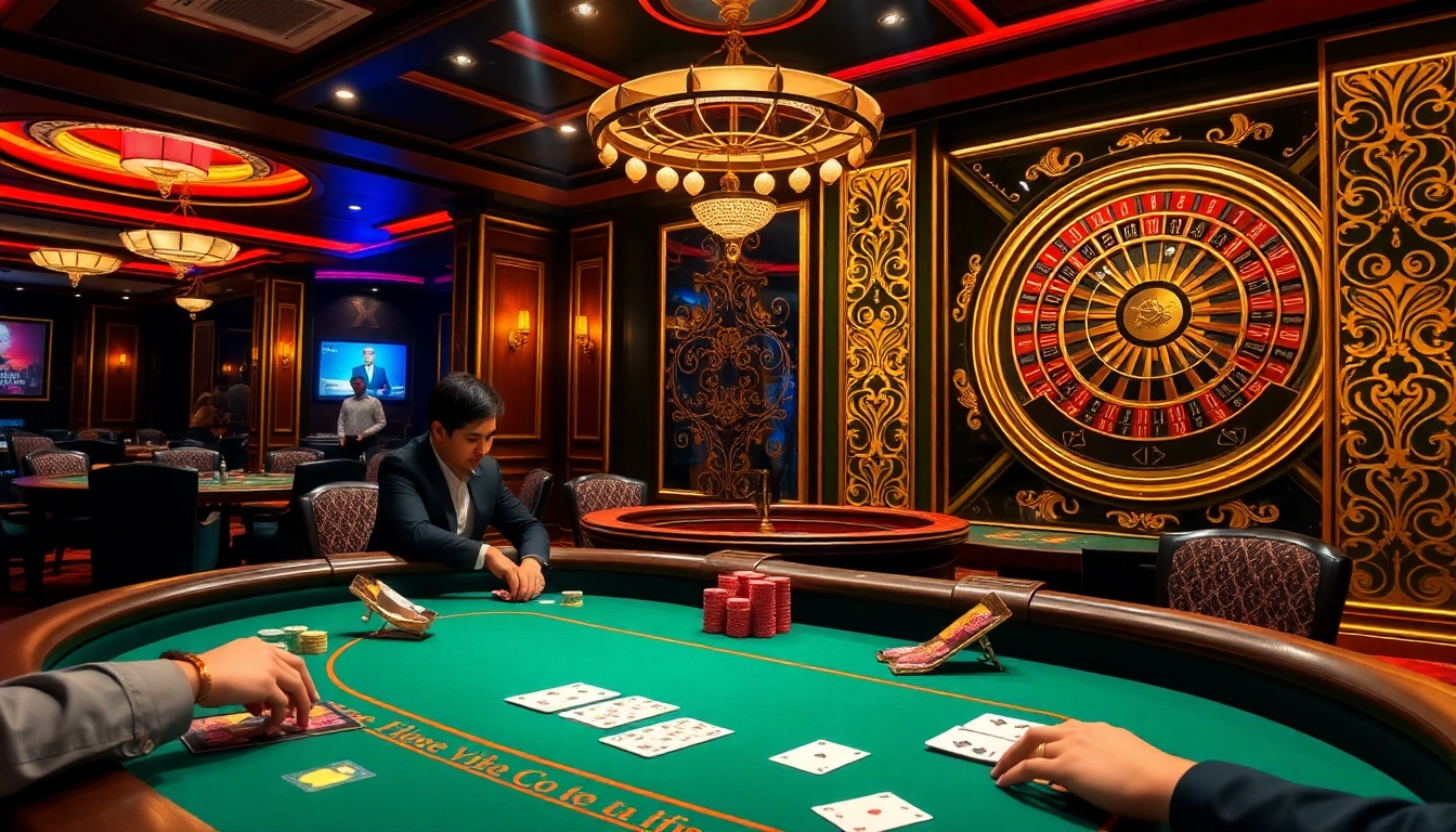 Players strategize at a Texas Hold'em game table in a luxurious casino setting, featuring 98win vin.