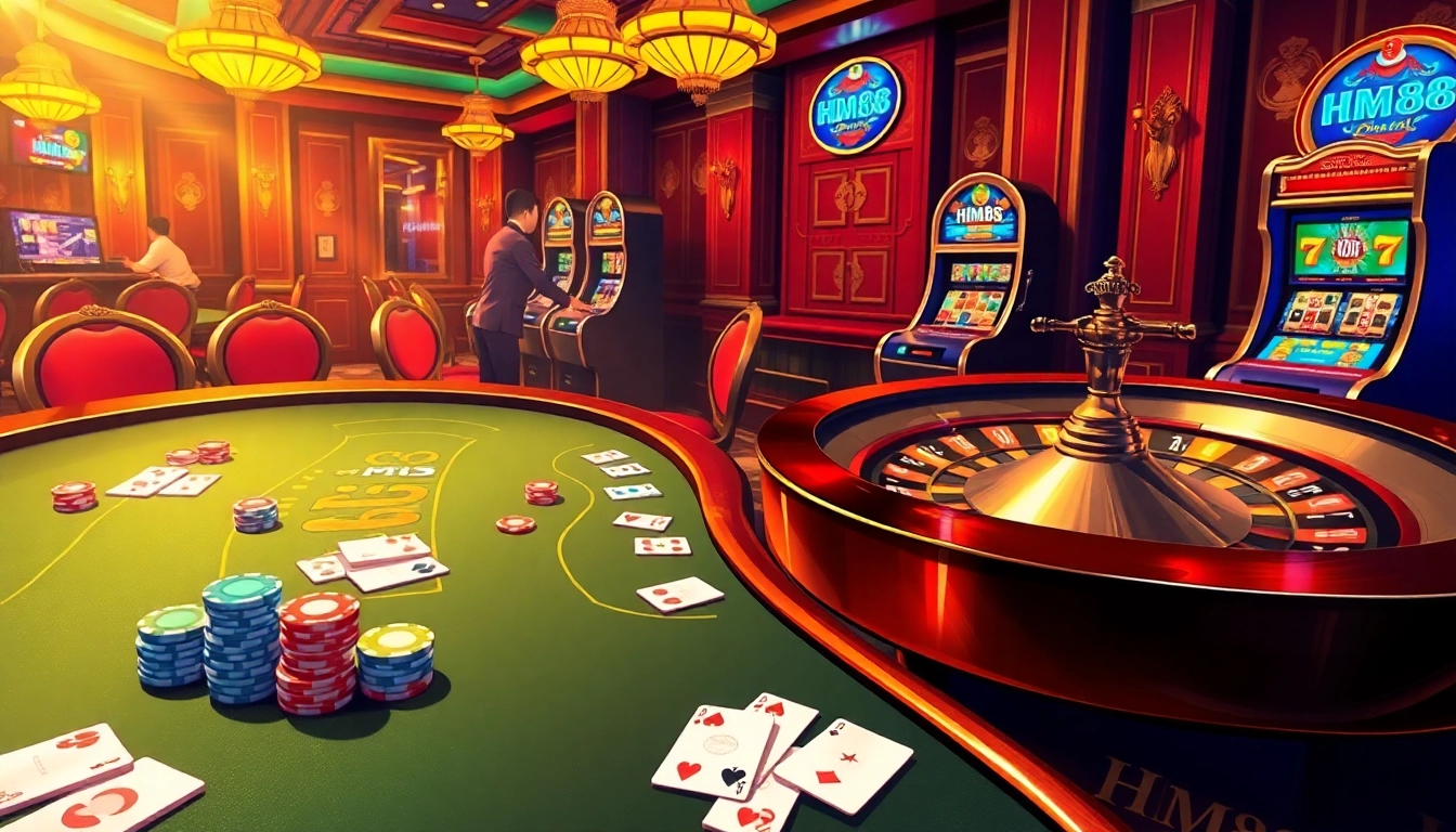 Exciting poker table scene showcasing HM88 branding with vibrant chips and roulette wheel.