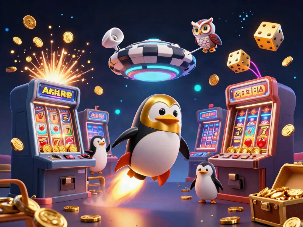 Spin and win with the vibrant slot explosion featuring a penguin and casino elements.