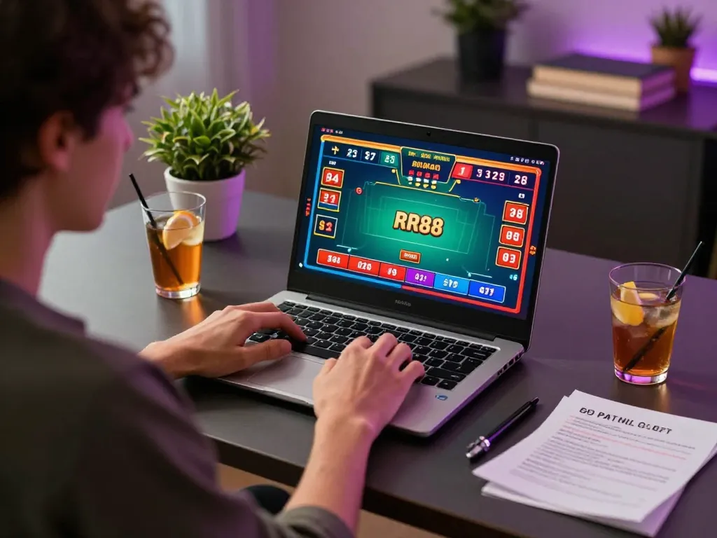 Playing exciting poker games on RR88 online casino from a cozy home desk setting.