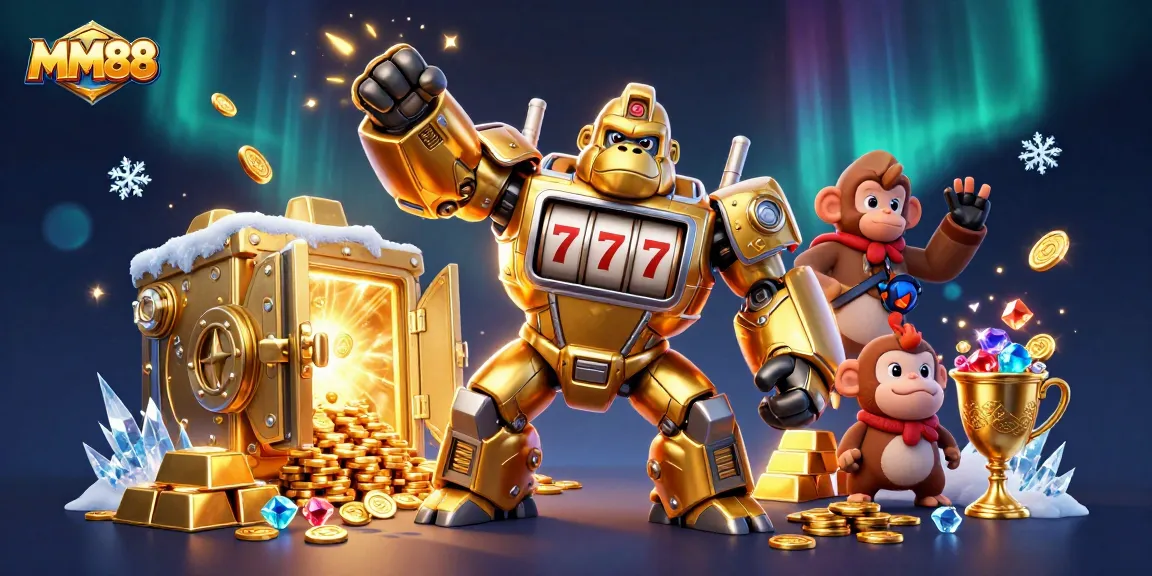 MM88's golden gorilla mech powers up with jackpot excitement and treasure bursting forth.