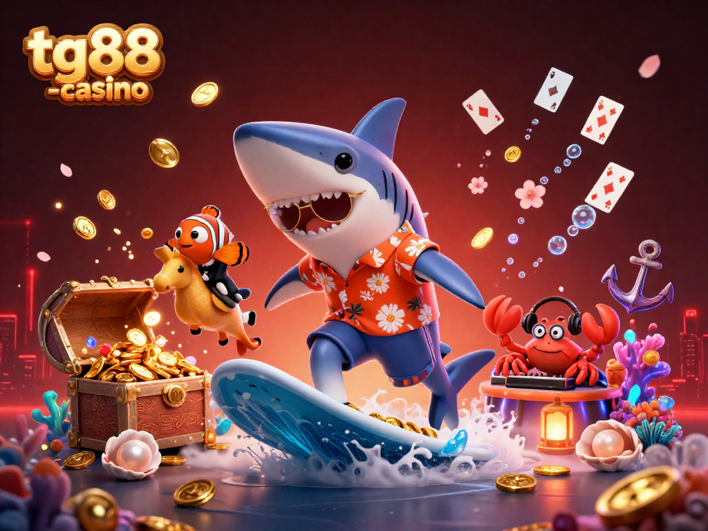 Engage with tg88 -casino as vibrant characters immerse in online gaming with gold coins and waves.