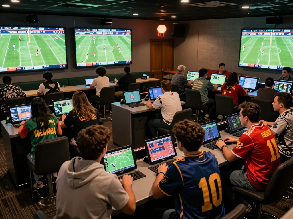 Kết quả bóng đá displayed on screens in an energetic sports betting lounge filled with fans and excitement.