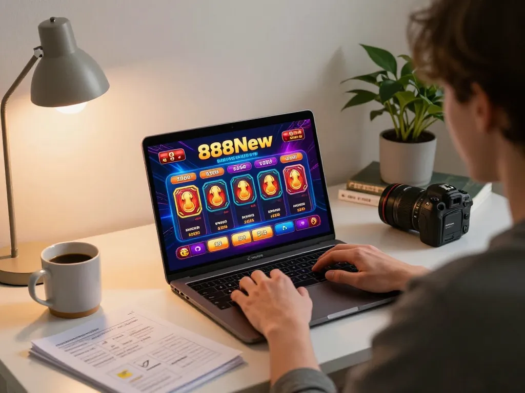 Player enjoying a thrilling online gaming experience with 888New platform on laptop, showcasing casino action and strategy