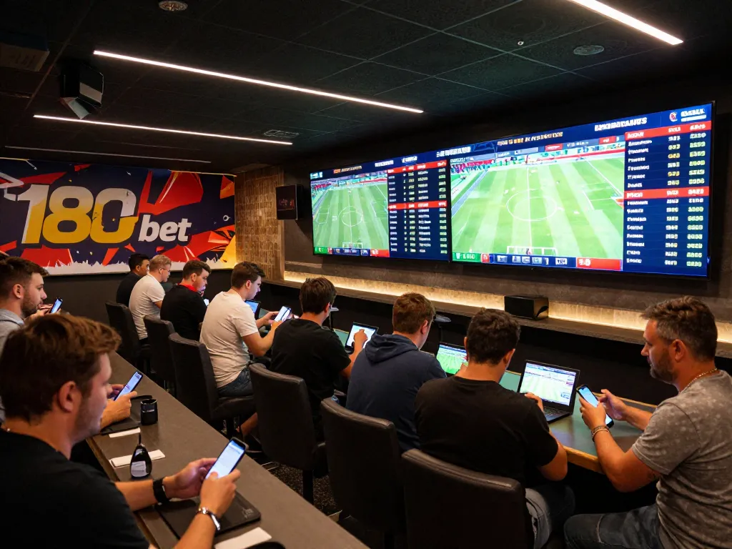 Dynamic scene showing bettors engaging with the 188 bet sports betting platform amidst live match displays