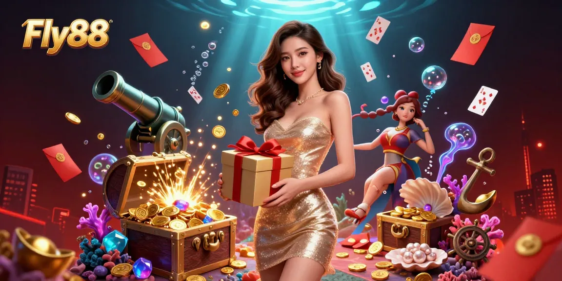 Experience the excitement of Fly88 casino with gold coins spilling from a festive gift box in this vibrant scene.