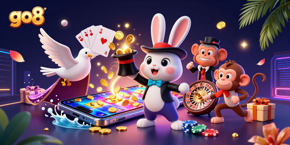 Engage with the go8 casino experience as a magician rabbit conjures coins, alongside a sequined dove and a playful monkey.