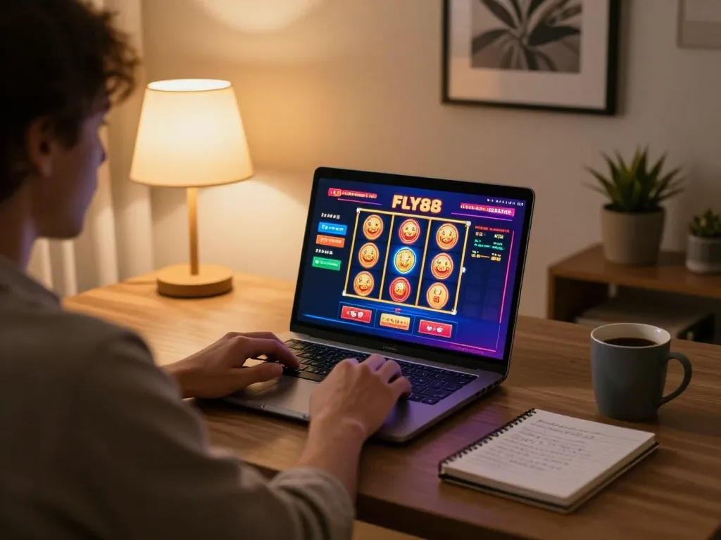 Engaging in FLY88 online casino gameplay on a laptop at home, cozy warm atmosphere