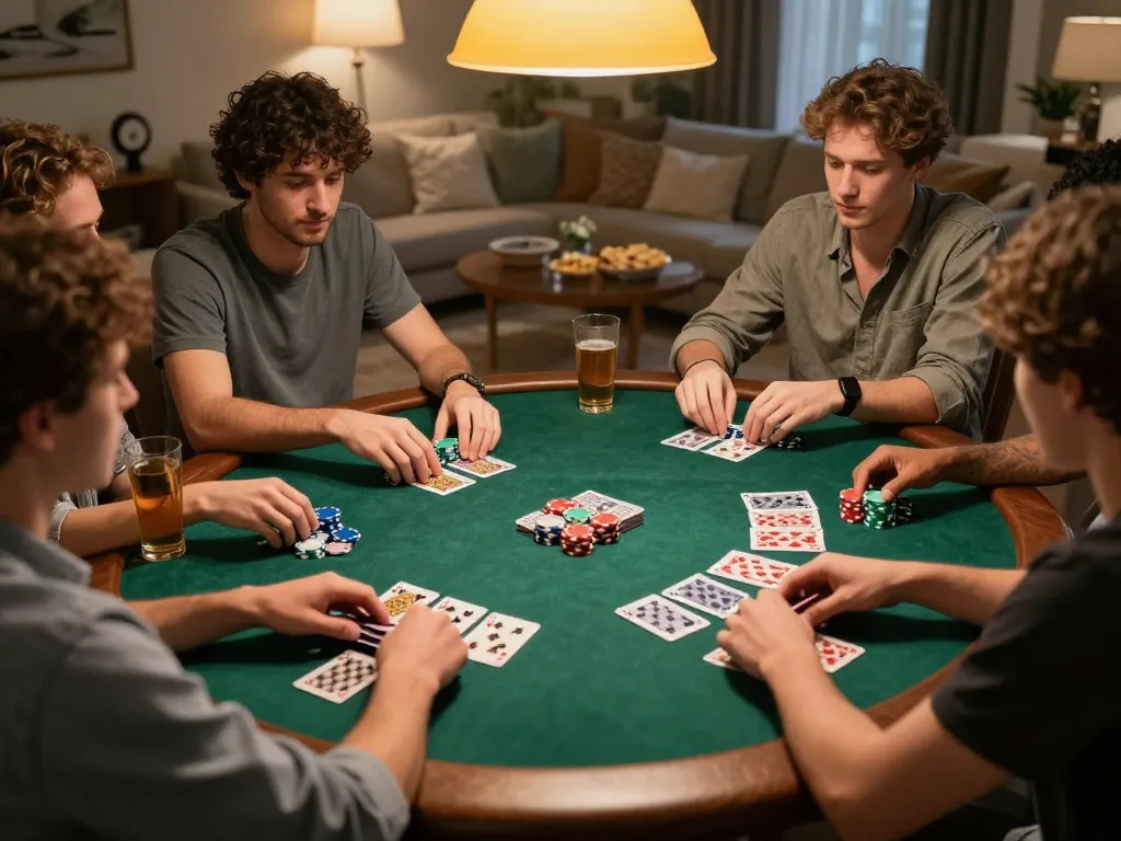 Players enjoying a poker night at home, with strategies unfolding, as seen on https://fa88.team/.