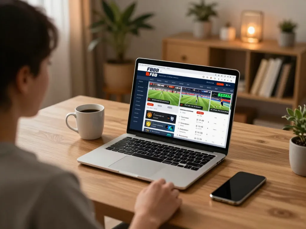 Betting on FB88 from home, showcasing an engaging sports betting interface on a laptop with warm ambient lighting.