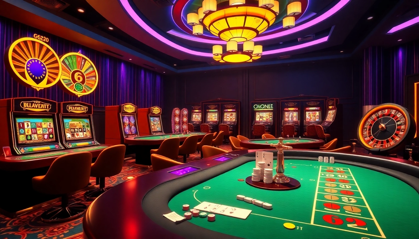 Experience G28's thrilling online gaming environment with vibrant tables, chips, and slot machines.