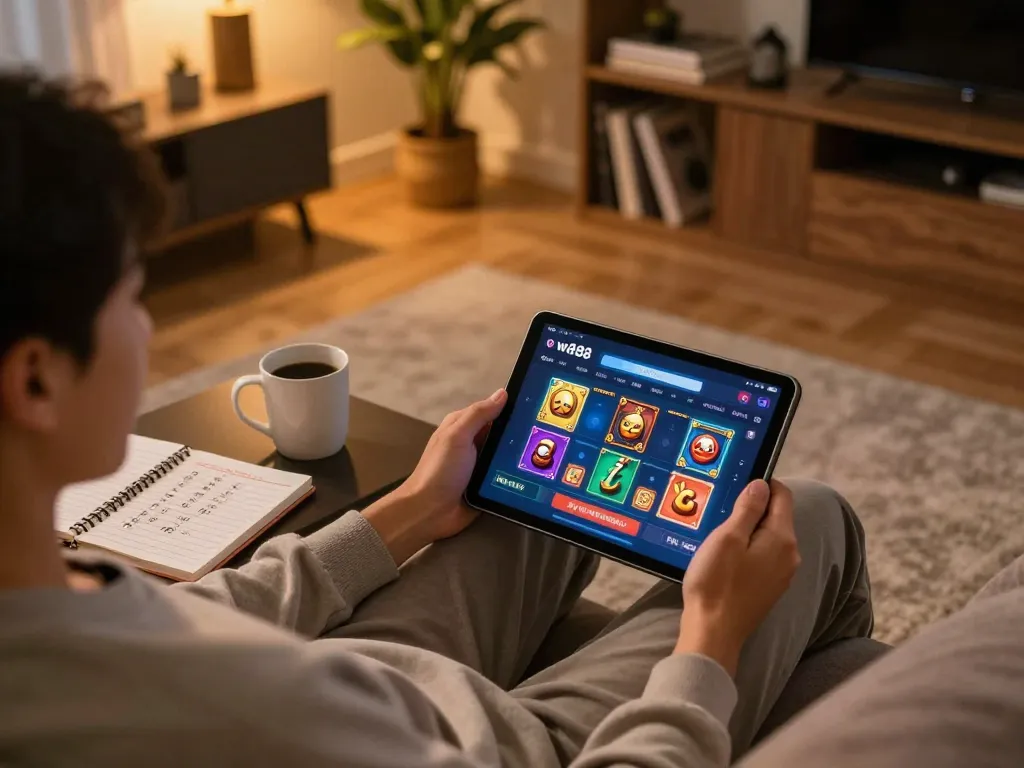 Engaging with ww88 app on a tablet in a cozy home setting, showcasing online casino experience