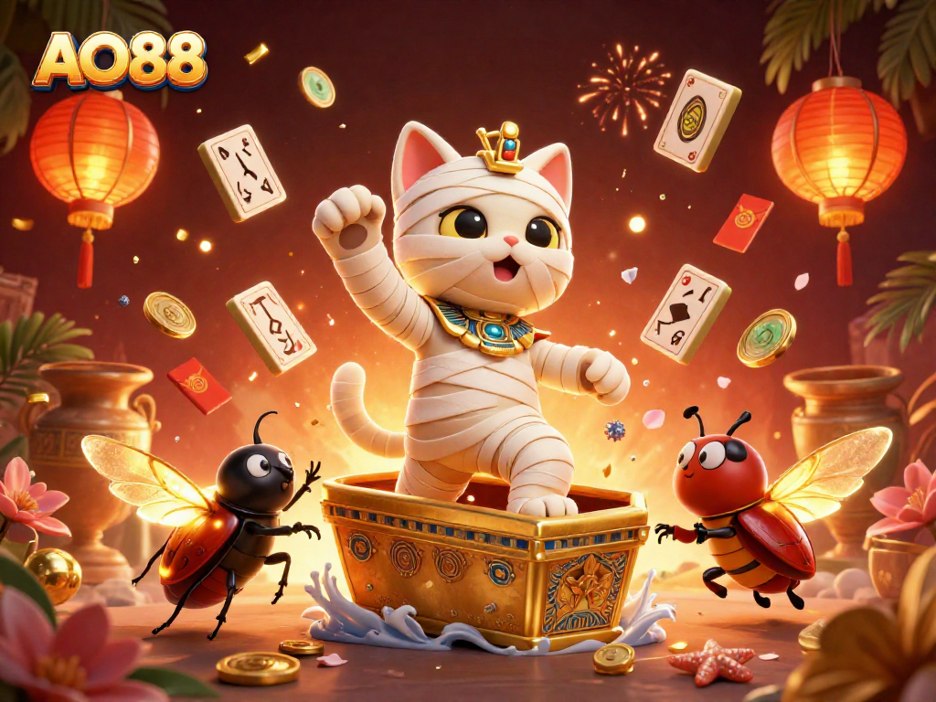 Experience the thrill of AO88 with a striking 3D illustration showcasing dynamic casino elements and vibrant imagery.