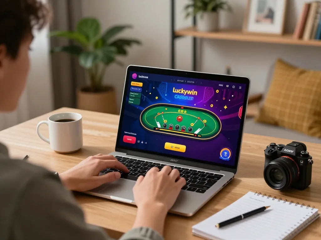 Player enjoying blackjack on the luckywin online casino app in a cozy home setup