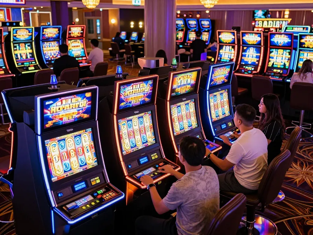 Players enjoying thrilling slot machines at 88club casino with vibrant lights and immersive atmosphere.
