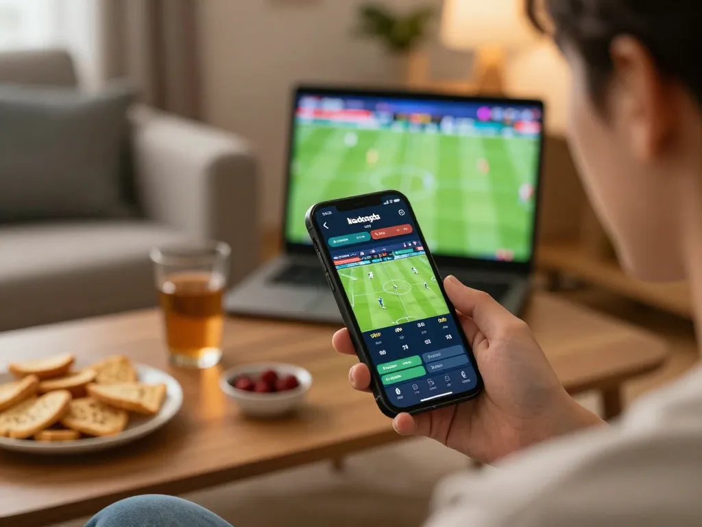Person analyzing live odds on the keobongda app while enjoying a football match at home