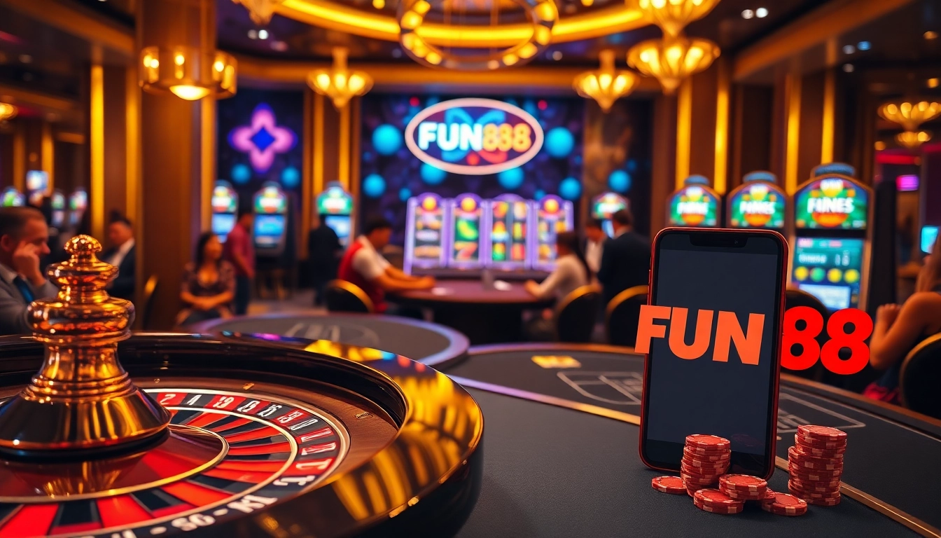 Thrilling casino atmosphere featuring FUN88 logo with dice and poker chips for gambling excitement.