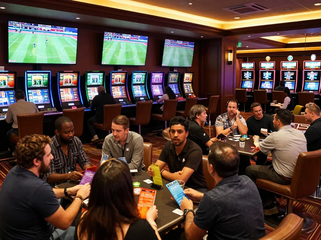 Tỷ lệ kèo nhà cái hôm nay shown in an active sports betting lounge with fans placing bets.