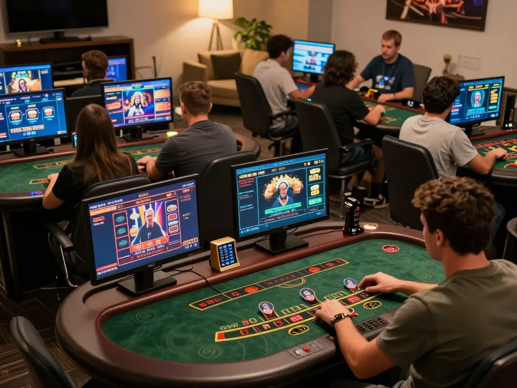 Engaged players enjoy strategic gameplay at tt88.com on their devices in a vibrant online casino environment.