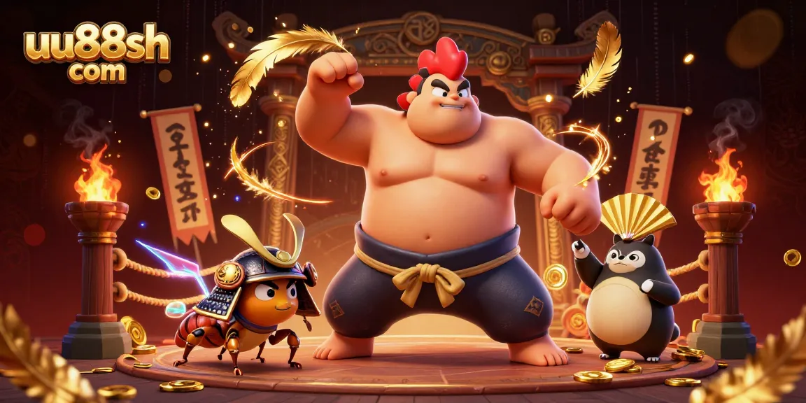 Engage in thrilling gameplay at uu88sh com with a dynamic arena depicting a powerful sumo rooster in action.