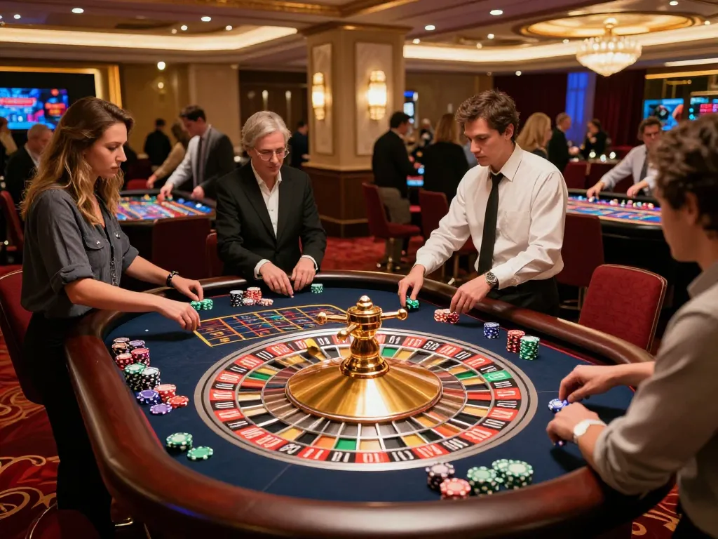 Engaged players at a TT88 casino roulette table with colorful chips and a spinning wheel.