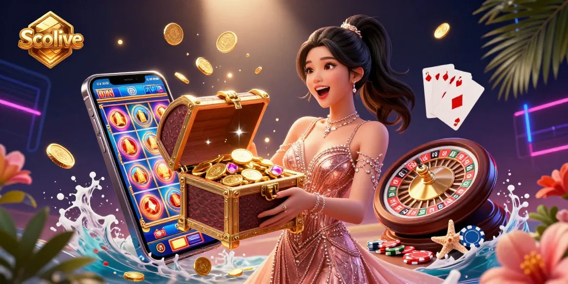 Socolive showcases an exciting online casino experience featuring a joyful woman and dynamic slot game elements.