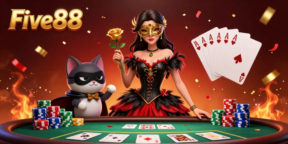 Engage in thrilling Five88 action with a stunning poker scene featuring vibrant characters and festive ambiance.