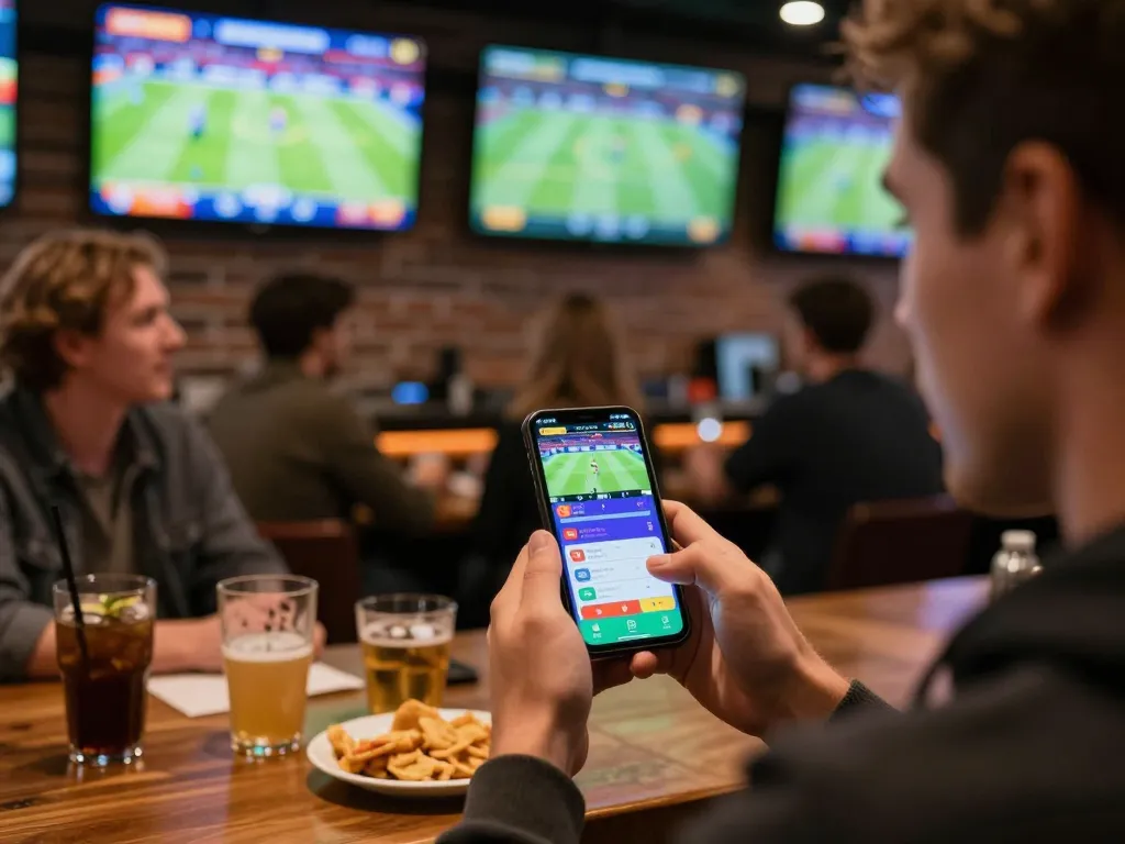 Excited bettor using dagago app on smartphone for live sports betting, showcasing enthusiastic atmosphere in a lively setting