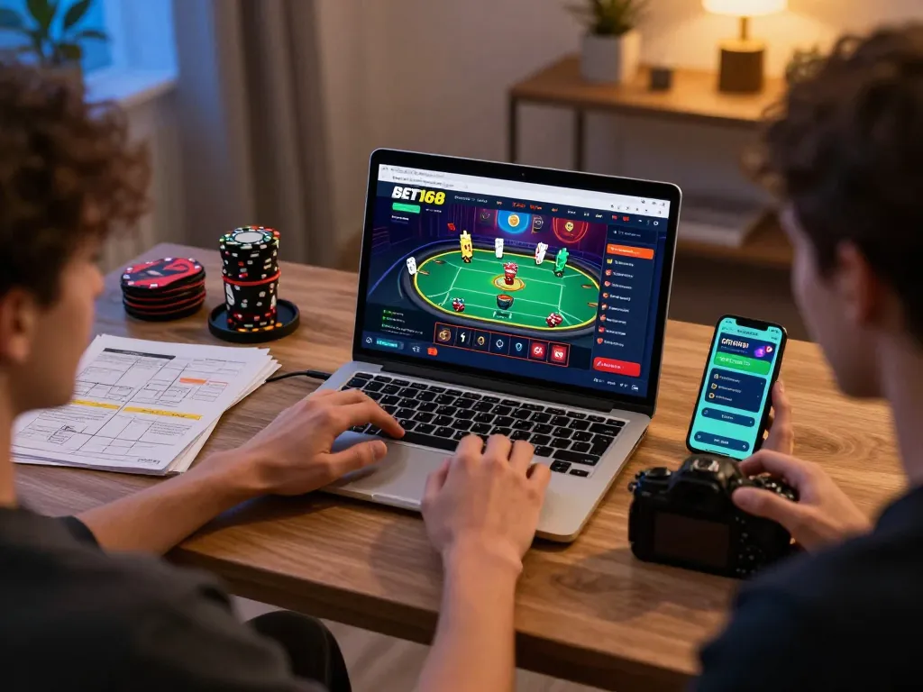 Engaged player using BET168 casino app on laptop during home gaming session