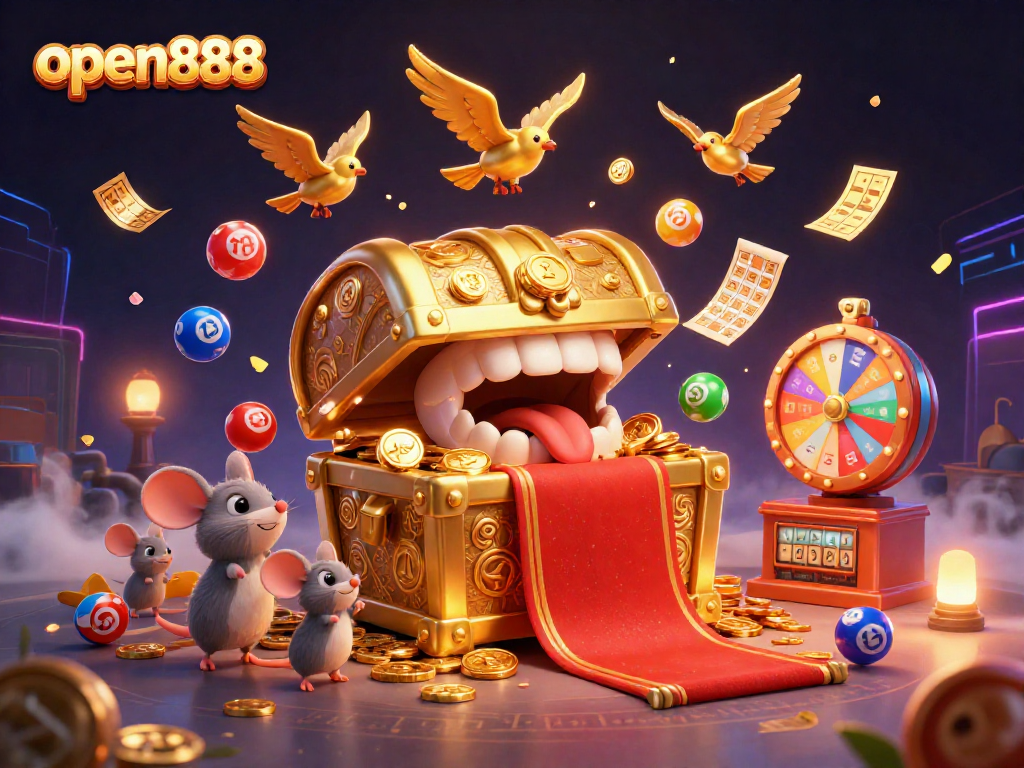 Win exciting prizes at open888 with a vibrant 3D illustration of dynamic lottery games and rich treasure characters.