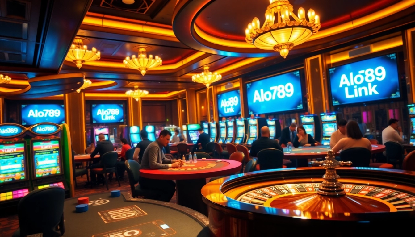 A thrilling scene of gamblers enjoying poker and slot games with the Alo789 Link in the background.