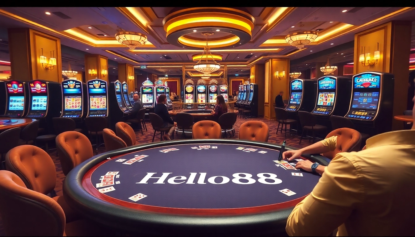 Experience the excitement at Hello88 casino with vibrant slot machines and captivated players at the poker table.
