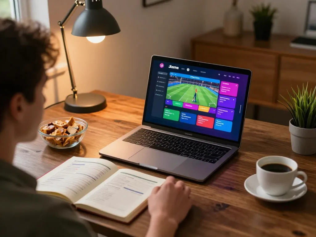 Engaging online sports betting scene featuring a user interacting with a gaming app, highlighting vb88's strategic interface.