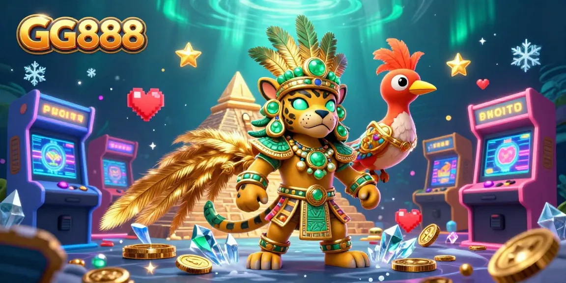 Experience thrilling gaming action with GG888's vibrant 3D casino scene featuring a Mayan priest and colorful game elements.