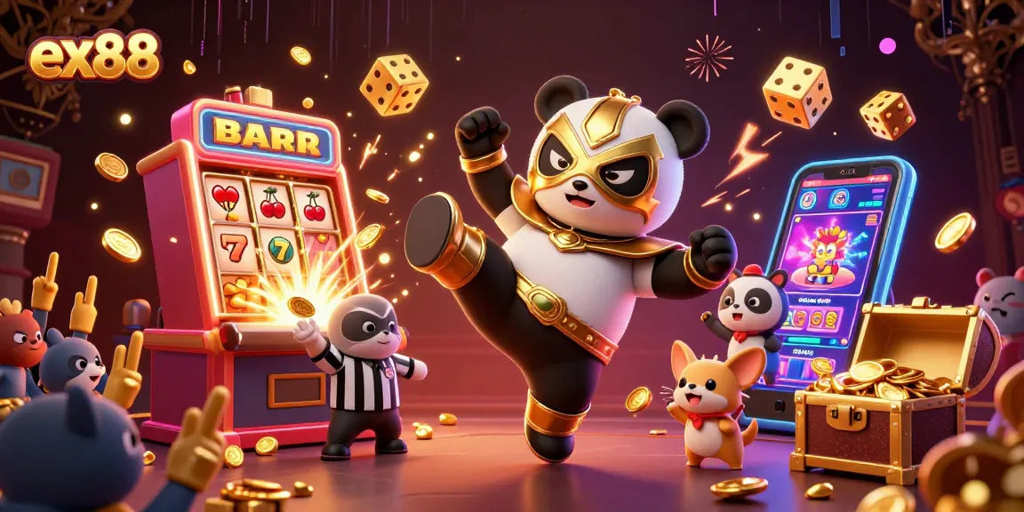 Engage with the thrilling ex88 casino experience as a panda wrestler performs alongside sparkling slots and excited fans.