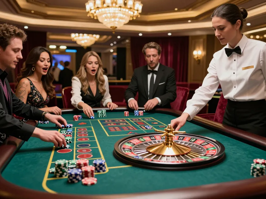 uk88 players placing bets at an exciting roulette table, vibrant casino atmosphere