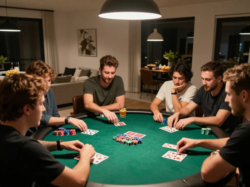 Friends enjoying poker night at home with 555WIN gaming atmosphere and vibrant expressions