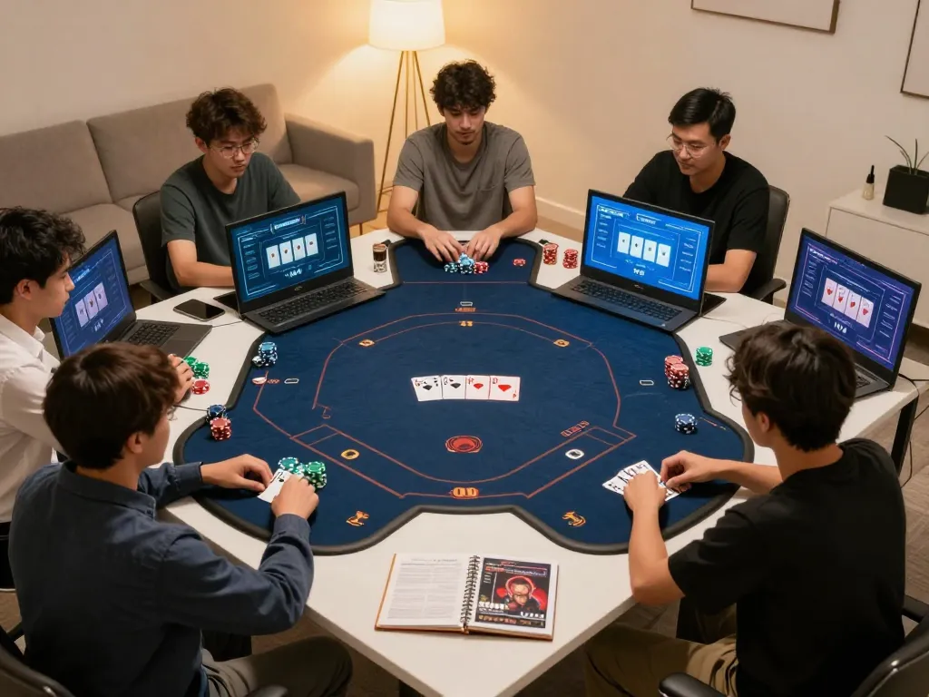 Engaged players strategizing during an online game at fly88 com, highlighting exciting poker gameplay.