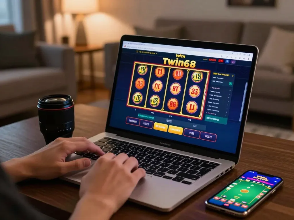 Engaging online gameplay at twin68 casino app on a laptop in a cozy living room.