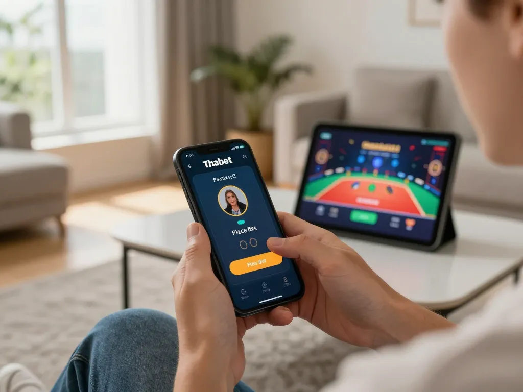 Placing bets on the Thabet app during a relaxed home gaming session.