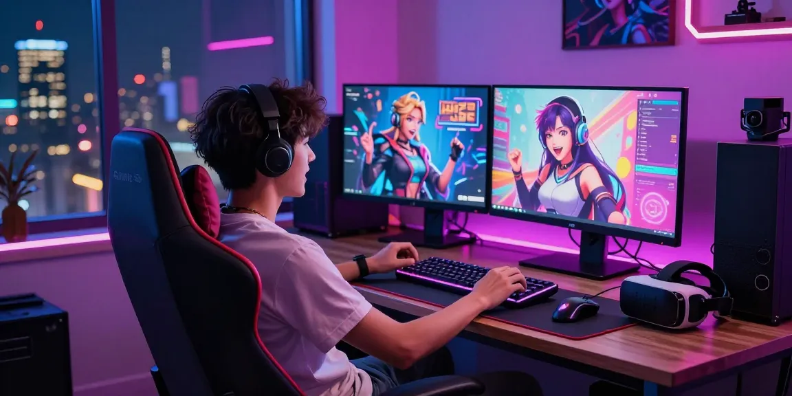 Interactive user engaging in ecchi chat AI with animated characters and vibrant LED lighting.