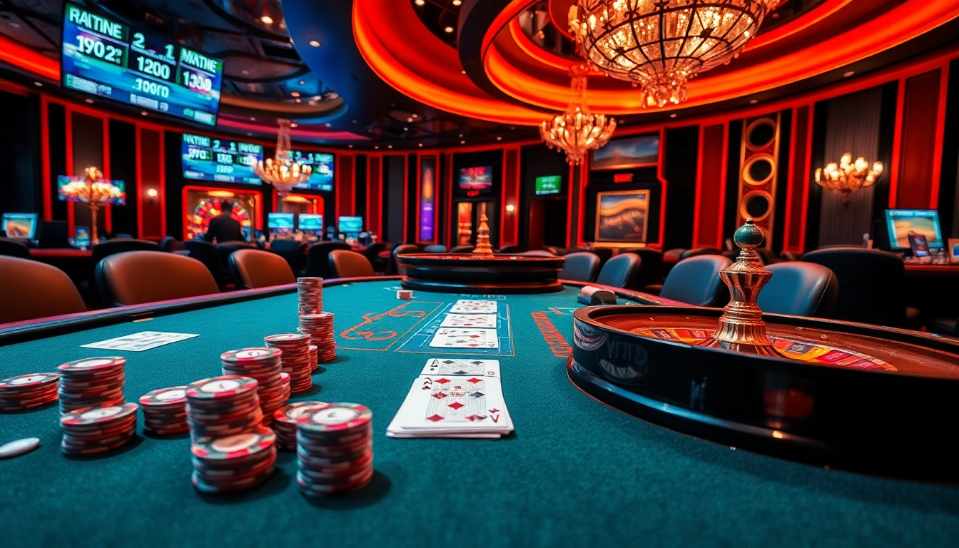 Tỷ lệ kèo displayed prominently on vibrant casino tables with poker chips and cards, inviting excitement.