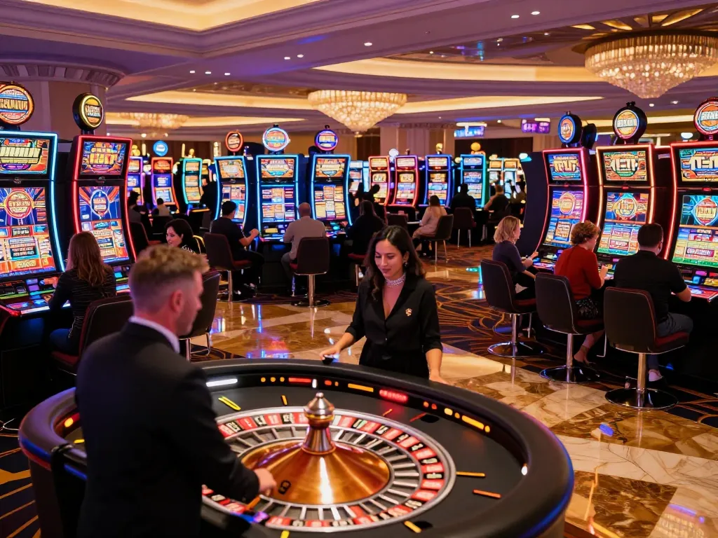 Players enjoying the excitement of fooballl slots in a luxurious Las Vegas casino.