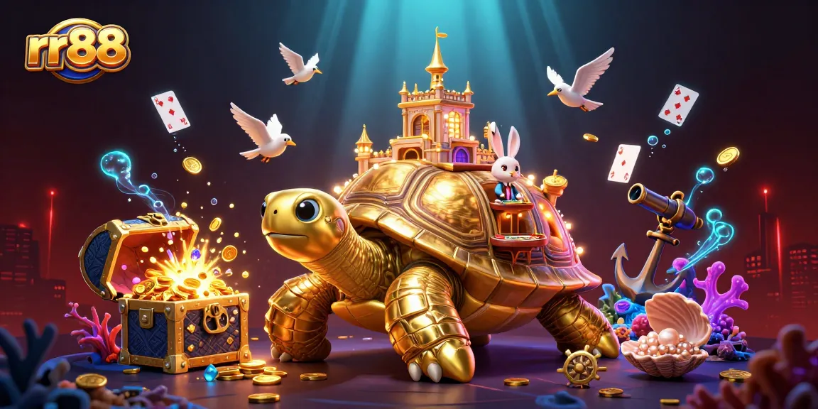 rr88 players win big while enjoying a lively casino scene with a cartoon tortoise and rabbit dealer