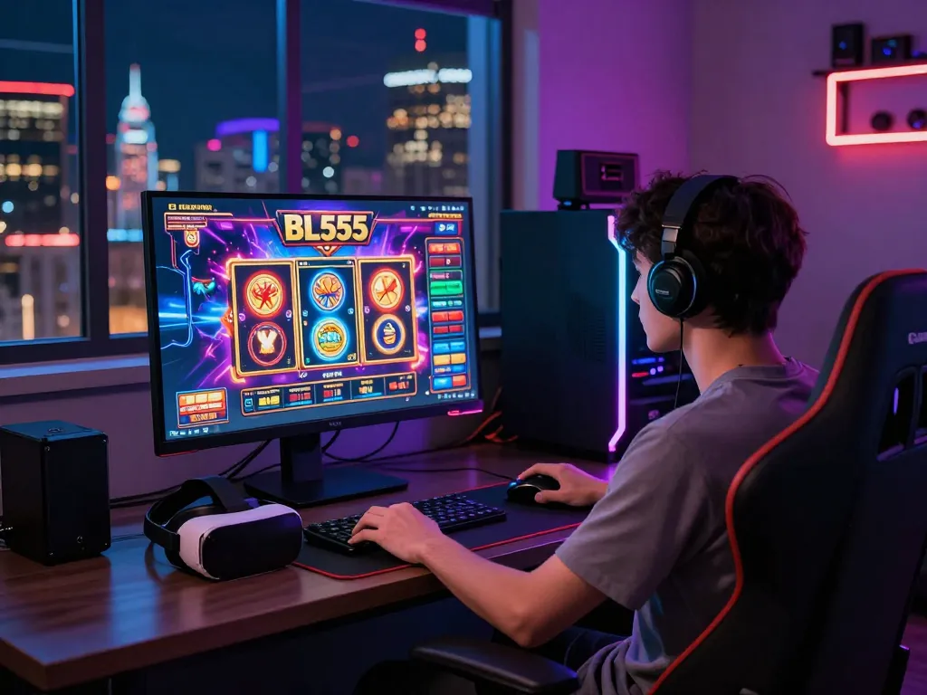 Player enjoying an immersive gaming experience at BL555, showcasing dynamic visuals and modern accessories in an engaging setup.