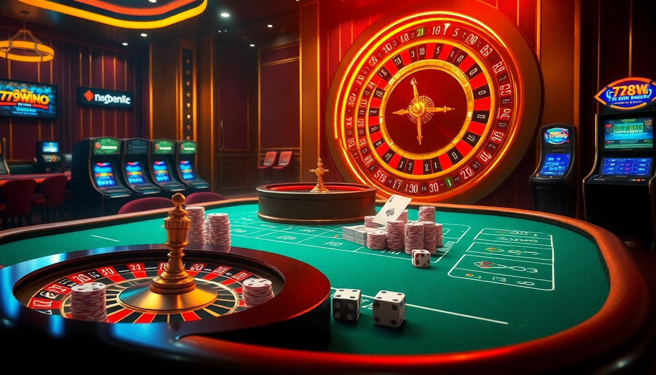 The excitement of gambling at https://789win223.com/ with a vibrant casino scene featuring roulette, poker, and slots.