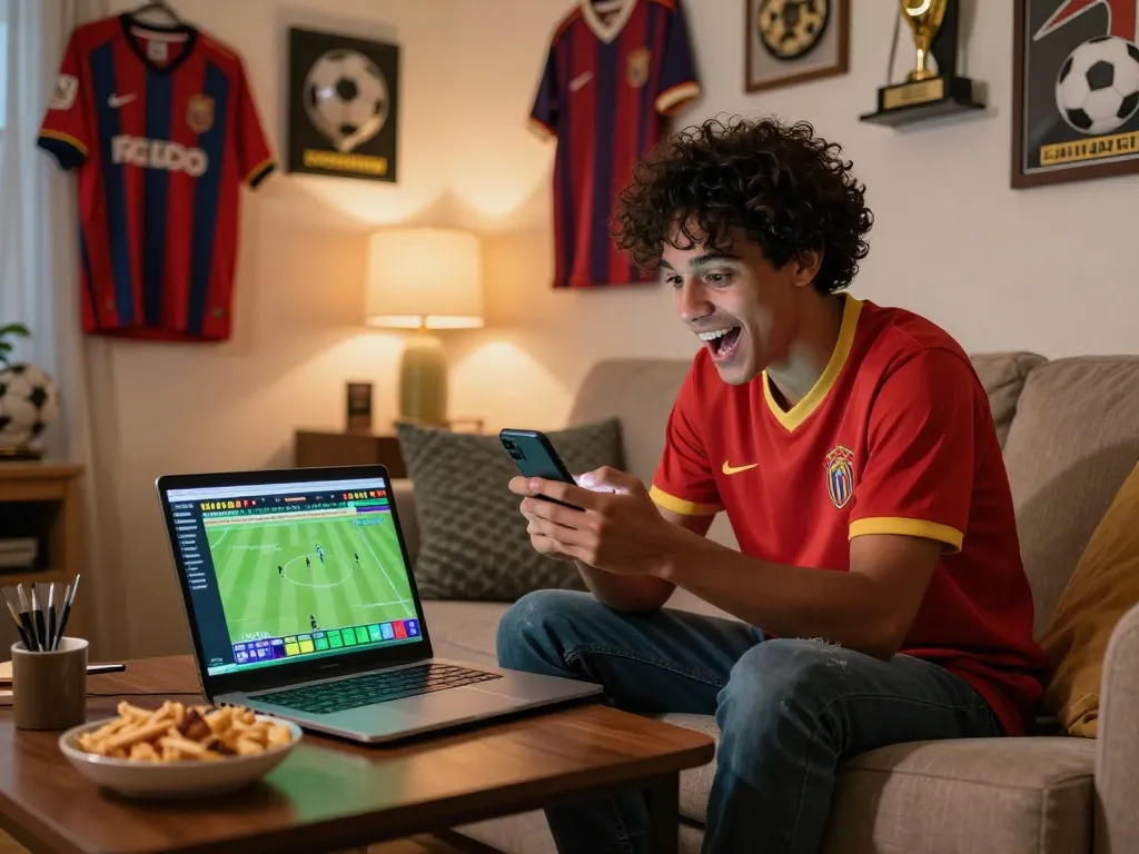 Excited individual checking kết quả bóng đá while placing bets on a live gaming session at home.